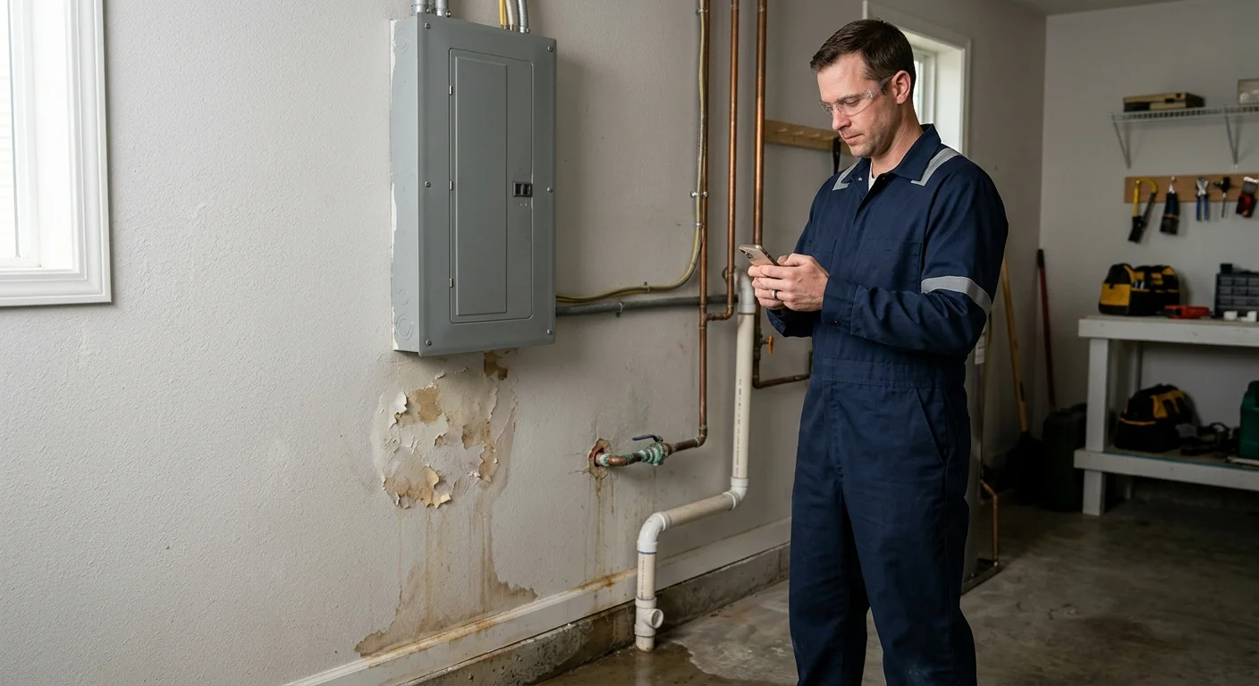 Homeowner standing away from a closed electrical box near water damage