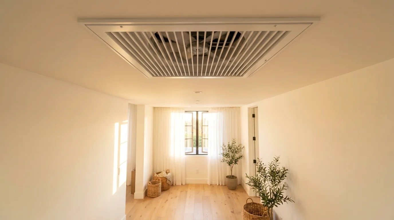 A large square whole-house fan intake grille mounted flush in the hallway ceiling of a bright San Diego home, with motorized damper louvers and warm evening light from a window at the end of the hall