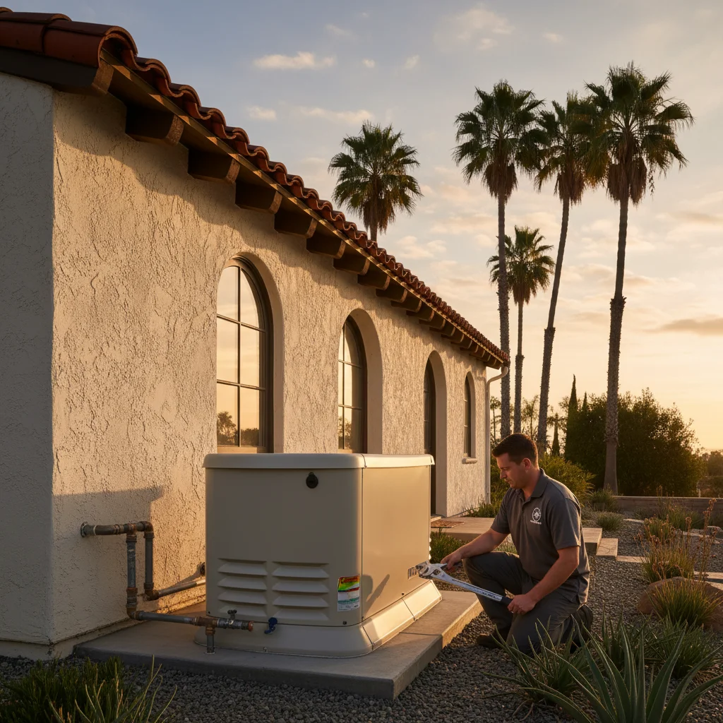 A Generac Guardian standby generator on a concrete pad beside a San Diego home with palm trees and a stucco exterior