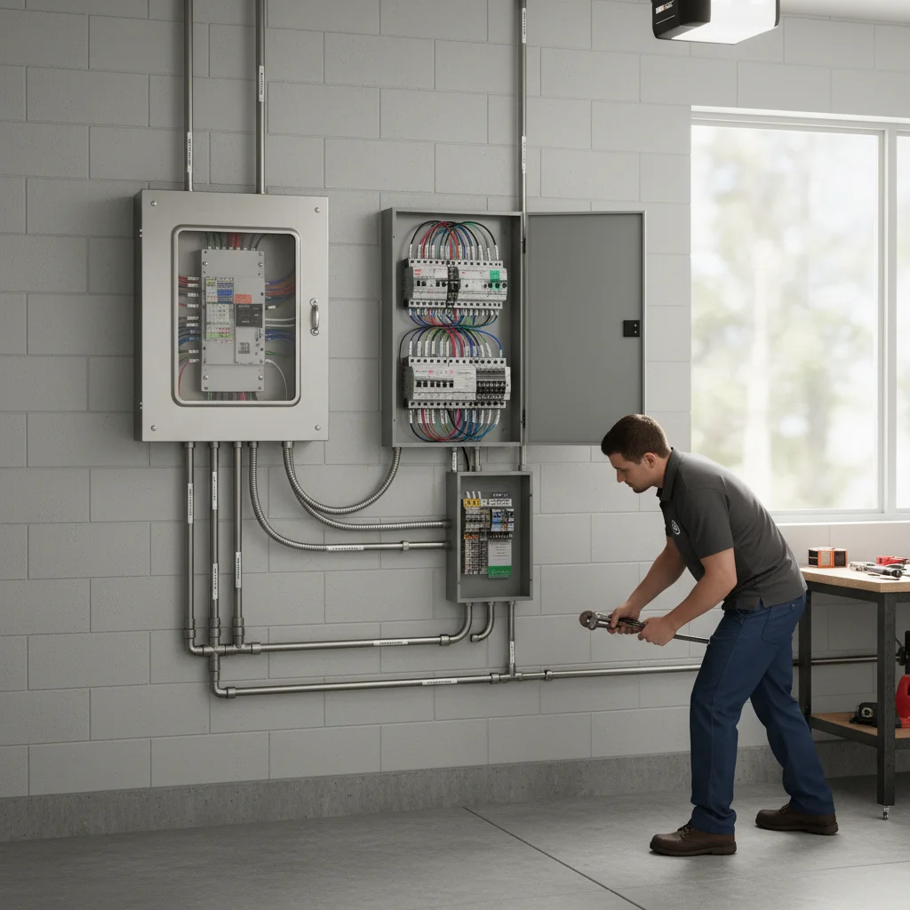 Automatic transfer switch wired into a 200-amp residential electrical panel in a San Diego garage, ready to switch a Generac system