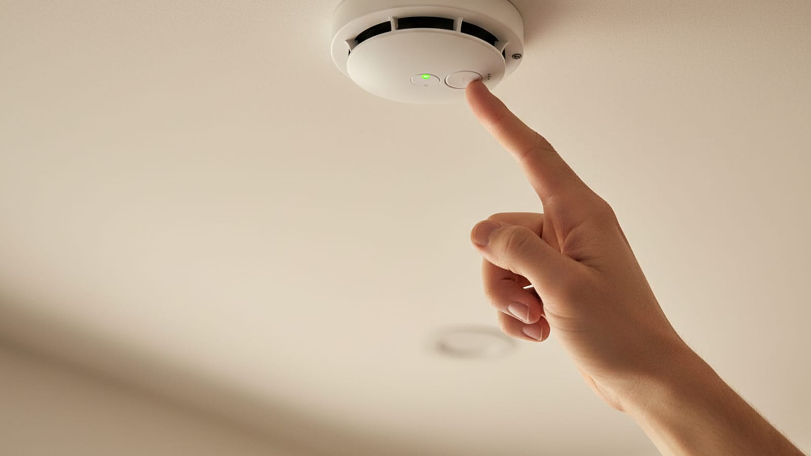 Upward view of a ceiling-mounted smoke and carbon monoxide detector being tested
