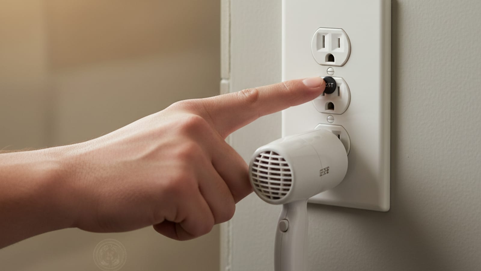 Close-up of a finger pressing the TEST button on a white GFCI outlet on a bathroom wall
