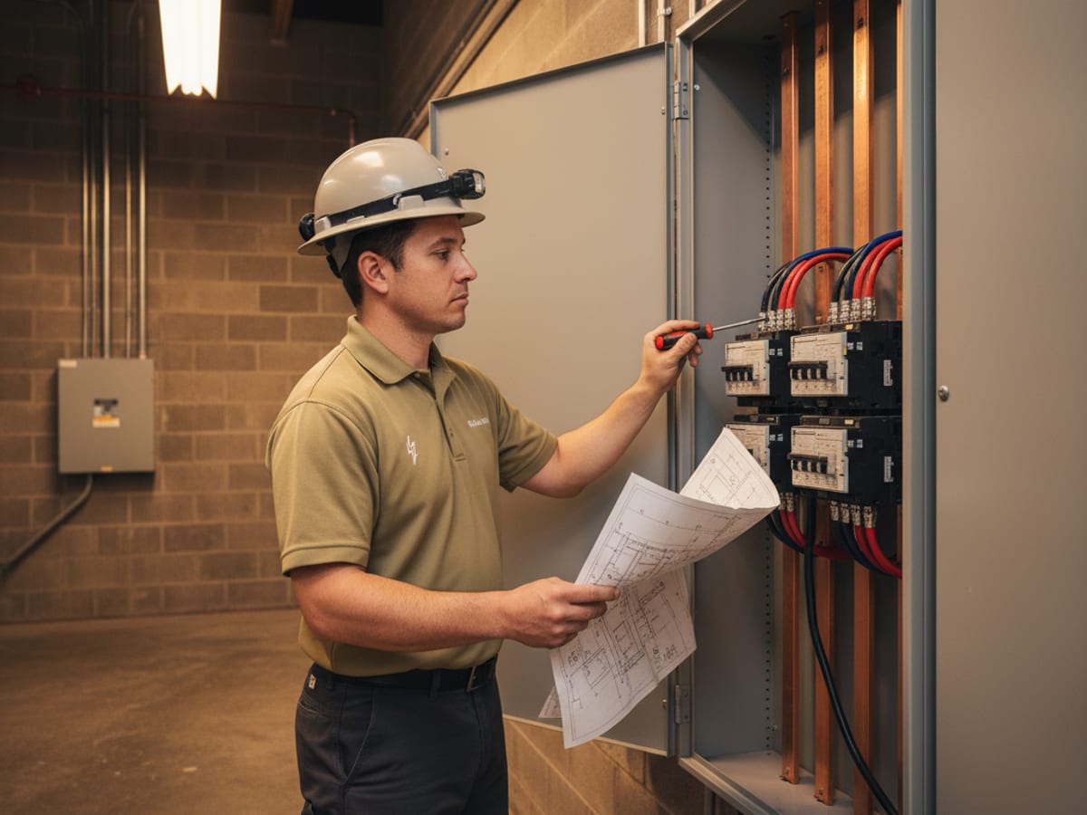 Licensed electrician working on a commercial electrical panel in a San Diego retail tenant space