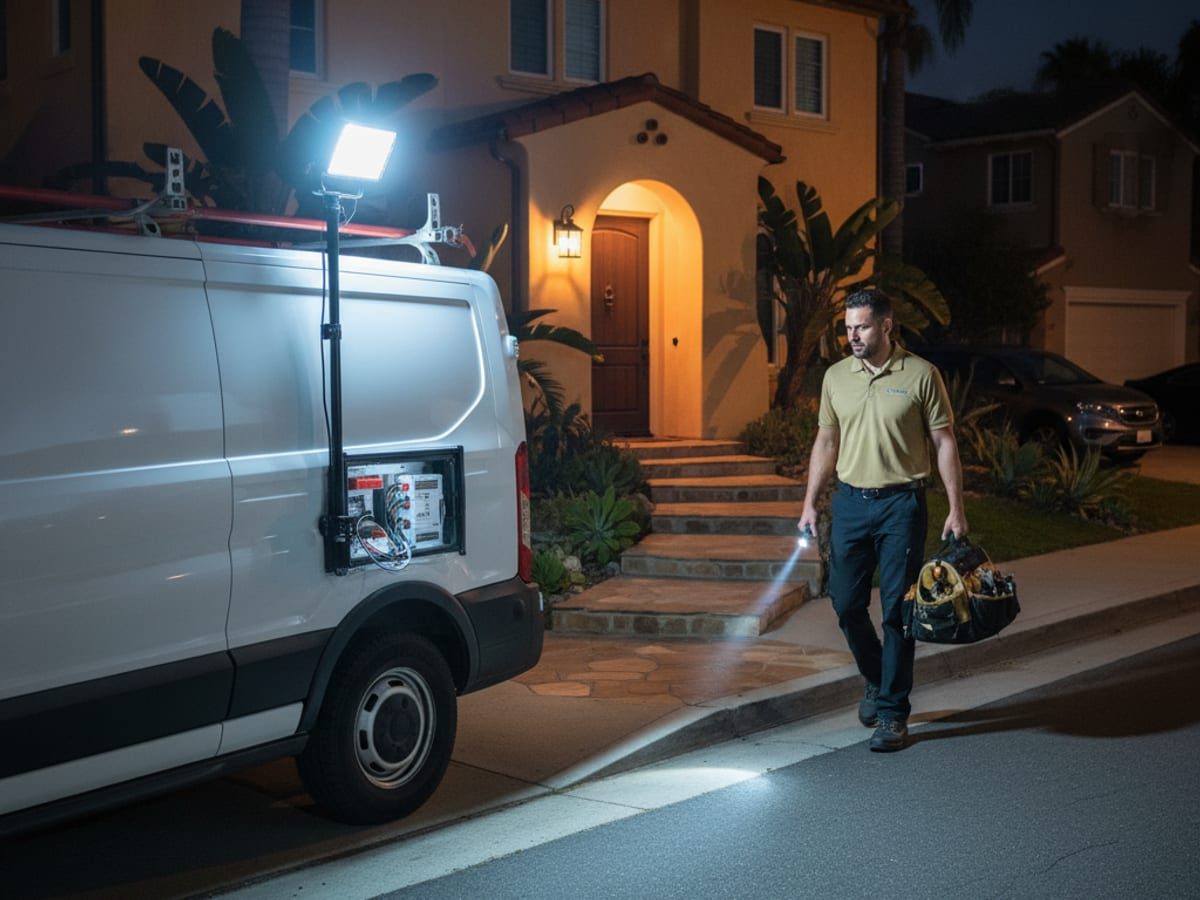 Emergency electrician inspecting an electrical panel late at night at a San Diego home